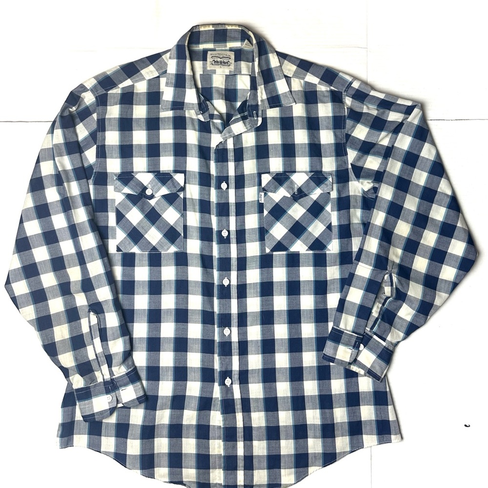 Vintage Levis Mens Large Button Down Shirt Blue Plaid Long Sleeve Workwear